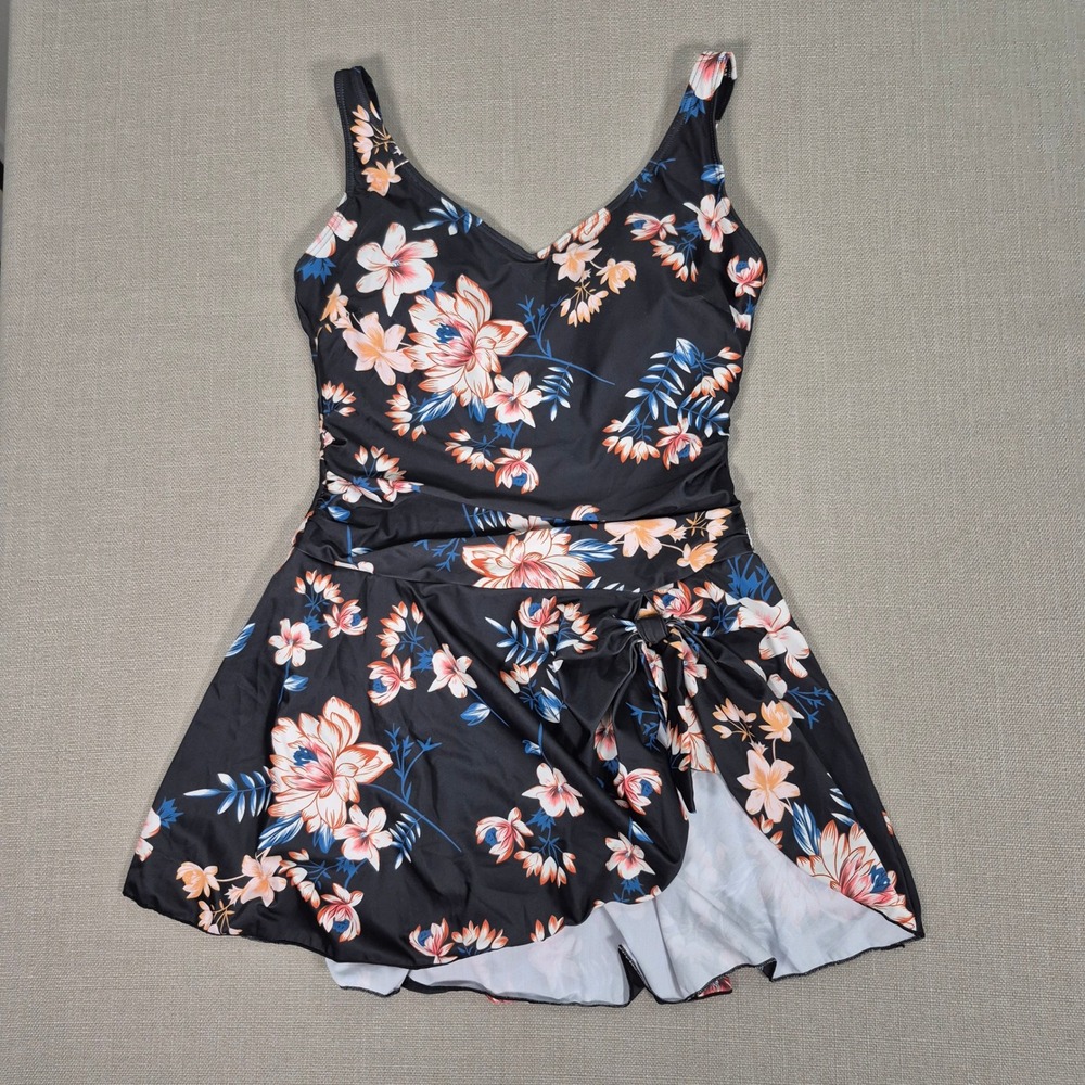 Aidonger Women Floral V-Neck Swimdress Tummy Control Side Tie Skirt Black Size L